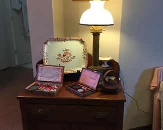 Antique wash stand, Chinese Calligraphy sets 