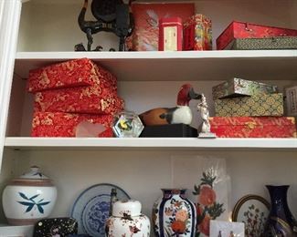 Silk covered boxes, ginger jars and vases, acrylic pieces, gong