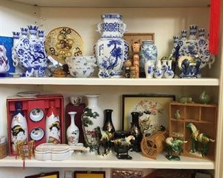 Blue and White vases, Tang horses, sake sets, Lacquer vases, vintage dolls, art work