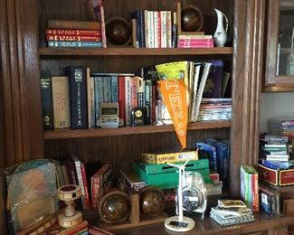 Music books, medical, children's games, wood instruments, globe book ends, post cards