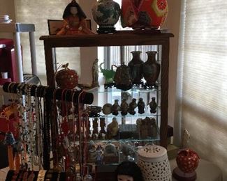 Lots of cloisonne, Chinese dolls, lamp, jewelry, snuff bottles, wood figures, masks