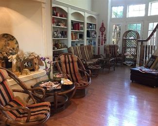 #12 Looking across the lower level of the house, Mid-Century Bamboo with original cushions, wonderful condition, lots of pieces! what a find!!