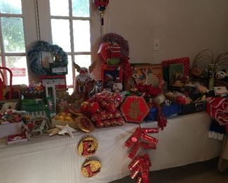 Vintage Christmas, Chinese decorations, lights, linens