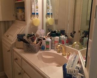 Bathroom full of products and hair tools