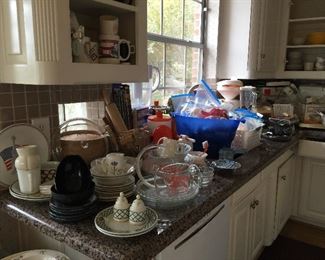 Vintage Pyrex, Corning ware, pottery, lots of mugs and utensils