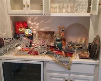 Vintage stemware, bar items, textiles, pretty lamp