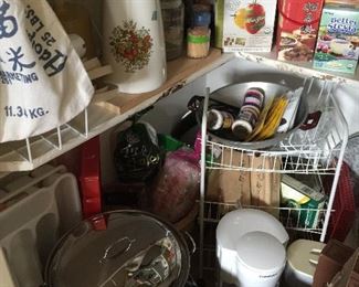 Wire basket holder, new pans, coffee pots