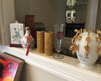 Sake bottles, vintage bar ware and glass