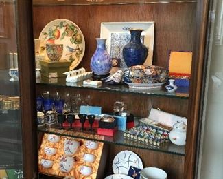 Chinese tea sets, bowls, plates, napkin rings, chopstick holders, "Elizabeth" glass items, cloisonne crystal