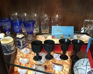 Sake stems, blue cut to clear, "Elizabeth" glass collection