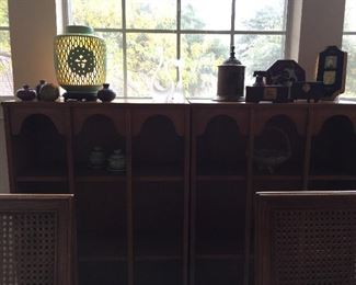 Mid-Century Arch detail bookcases, jewelry boxes, pottery, great vintage Chinese lamp