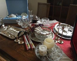 Vintage flatware, candles, vintage glass serving pieces, silver plate, Mikasa