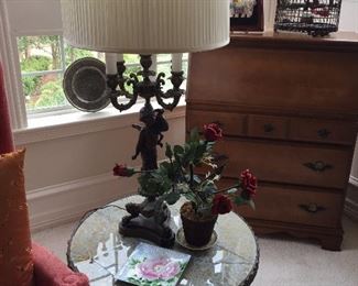 Vintage metal lamp with cherubs, Mid-Century side table