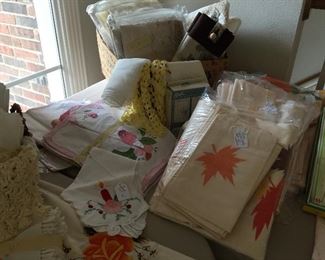 Wonderful vintage table cloths with napkins, window treatments