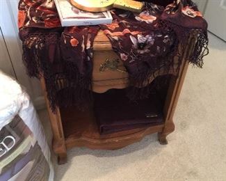 Vintage bedside table, textiles, jewelry box and hand mirror