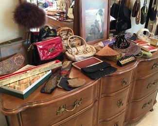 Vintage purses, belts, coin purses, fans