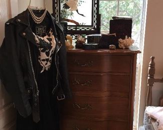 Vintage chest of drawers, vintage dress, leather jacket, jewelry boxes, Chinese art