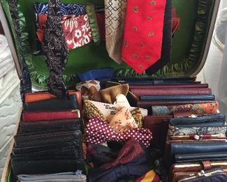 Lots of Leather wallets, coin purses, vintage bow and neck ties
