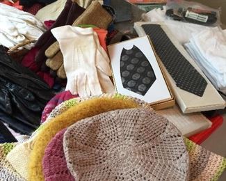 Vintage gloves, hats, new ties, under shirts