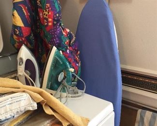 Ironing boards, irons, grocery cart quilt seat