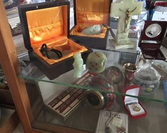 Jade dice, cloisonne chopsticks and jewelry, coin, marble cross, large carved jade pieces