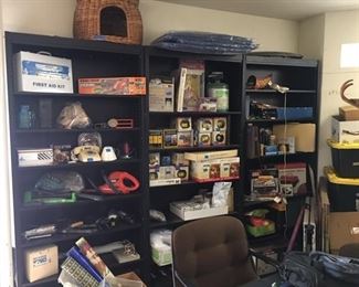 Nice black metal shelves loaded up in the garage.