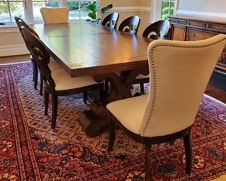 table: 30.5h x 108"w x 45"d with two 18" leaves.    rug: 13'4" x 9'2" curved back chairs (6): 38"h x 21"w x 22"d.  upholstered chairs (2) 40"h x 21"w x 21"d