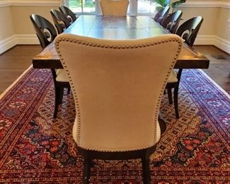 table: 30.5h x 108"w x 45"d with two 18" leaves.    rug: 13'4" x 9'2" Arhaus curved back chairs (6): 38"h x 21"w x 22"d.  upholstered chairs (2) 40"h x 21"w x 21"d