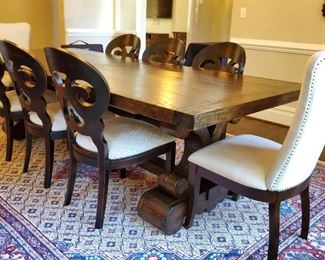 table: 30.5h x 108"w x 45"d with two 18" leaves.    rug: 13'4" x 9'2" Arhaus curved back chairs (6): 38"h x 21"w x 22"d.  upholstered chairs (2) 40"h x 21"w x 21"d