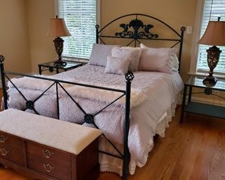 bed: 59"h x 63"w x 82"d, blanket chest: 19"h x 44"w x 16"d, side tables: 23"h x 25"w x 21"d