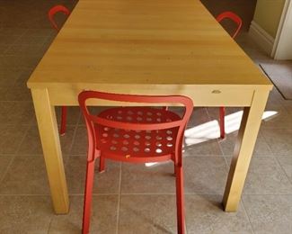 table: 29"h x 69"w x 37.5"d red chairs (5) 30"h x 17"w x 18"d
