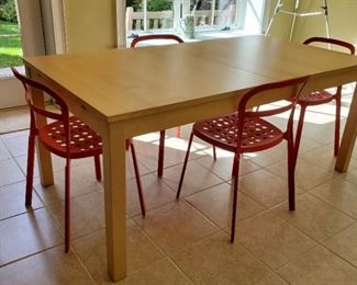 table: 29"h x 69"w x 37.5"d red chairs (5) 30"h x 17"w x 18"d