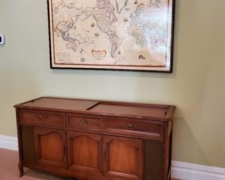 map: 35"h x 53"w, turntable console: 30"h x 46"w x 19"d