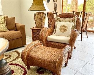 Pottery Barn Wicker Chair & Ottoman, One of Pair