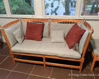 Borge Mogenson for Fritz Hansen Vintage 2-seat spokeback sofa; one end lowers to recline for napping. Includes one footrest. Also called "Tremme." Original leather straps are present, but unusable. $900