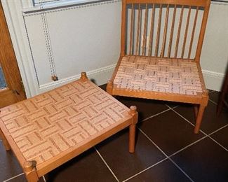 Borge Mogenson for Fritz Hansen vintage spokeback chair and footstool. Original webbing supports. Very good condition. Replacement cushions present, I took them off for the picture. $525