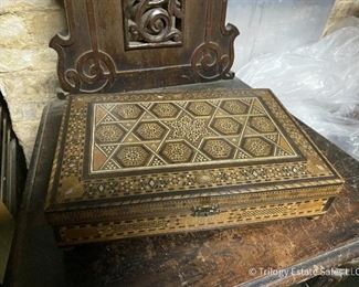 Marquetry box. Tattered silk interior, hinges need to be fixed or replaced. $25