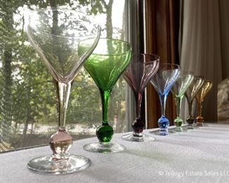 Vintage multi-color stemware, 7 goblets. $35