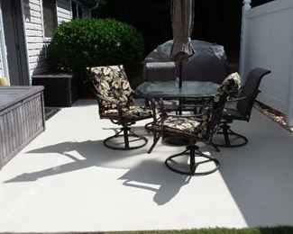 Patio furniture, storage boxes, gas/ coal grill w/ cover and tank, hose mobile w/50' hose and connections. 