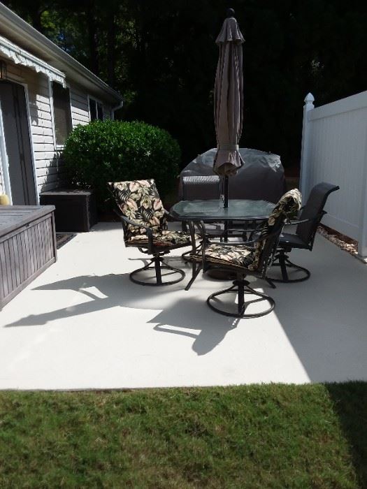 Patio furniture, storage boxes, gas/ coal grill w/ cover and tank, hose mobile w/50' hose and connections. 