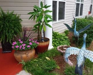 Blue birds, big gold planters, Shepard hooks, ferns