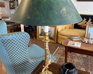 Brass Lamp, Green Shade with Marble Paint, $275