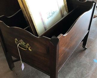 Mahogany Magazine Rack on Wheels, $100