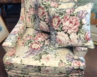 Reduced $95 - Charming Upholstered Floral Chair, two pillows
