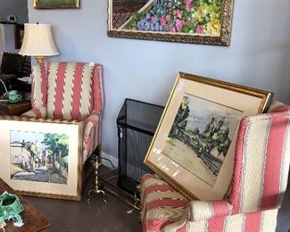 Hickory Fry Striped Chairs $350 each; Paris Watercolors $200 each