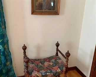 Victorian Revival Vanity Walnut Bench with Paw Feet