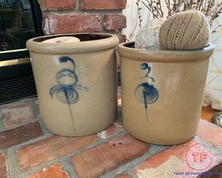 Antique RED WING Stoneware Lazy Eight (#3 and #2) Bee Sting Salt Glazed Crocks - Bottom of #3 Embossed
