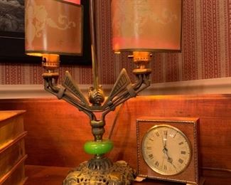 Antique Art Deco Brass Table Lamp with Candle Shields