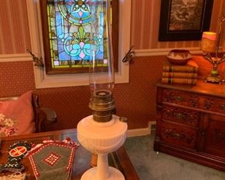 Tall Lincoln Drape Alacite Light Pink Kerosene Lamp with Aladdin Glass Chimney - Model B