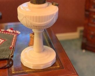 Tall Lincoln Drape Alacite Light Pink Kerosene Lamp with Aladdin Glass Chimney - Model B